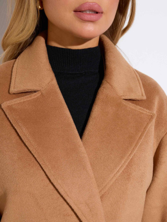Двубортное женское пальто с поясом, кэмел
