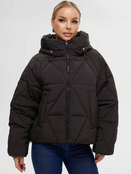 Зимний пуховик укороченный с капюшоном, черный