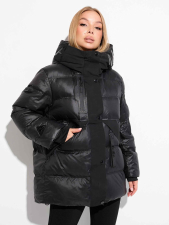 Женский пуховик с капюшоном, черное золото