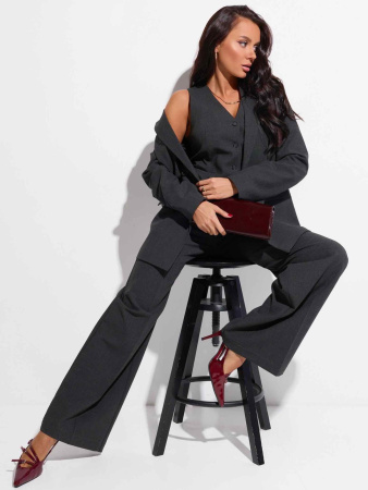 Брючный костюм-тройка женский с двубортным жакетом, антрацит