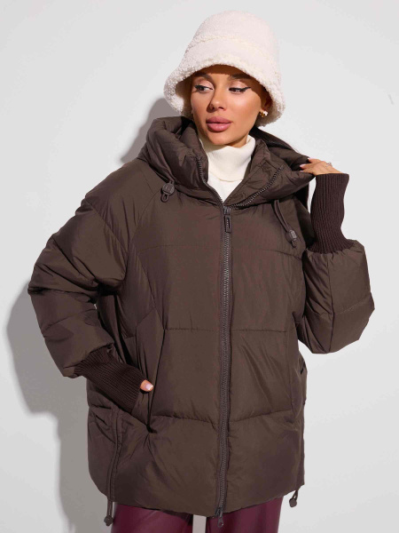 Зимний пуховик с капюшоном и высоким воротником, темный шоколад 