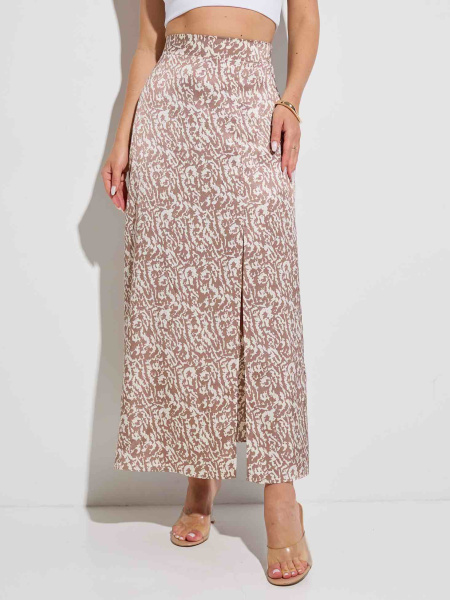 Юбка-макси атласная с разрезом, бежево-коричневая