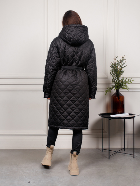 Пальто с капюшоном утепленное из стежки, черное