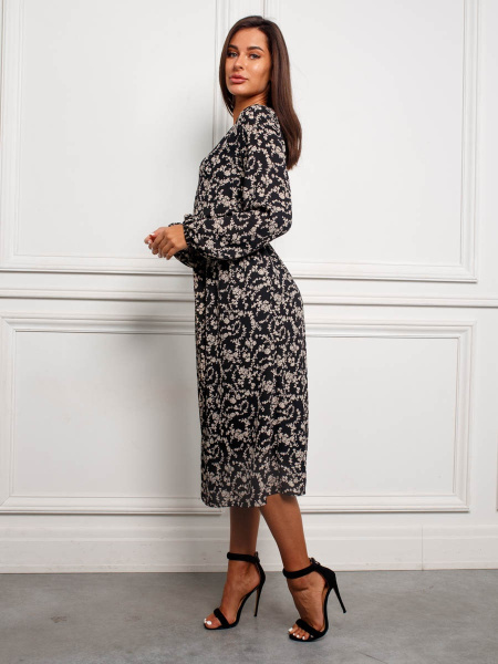 Платье женское классическое, черно-бежевые цветы