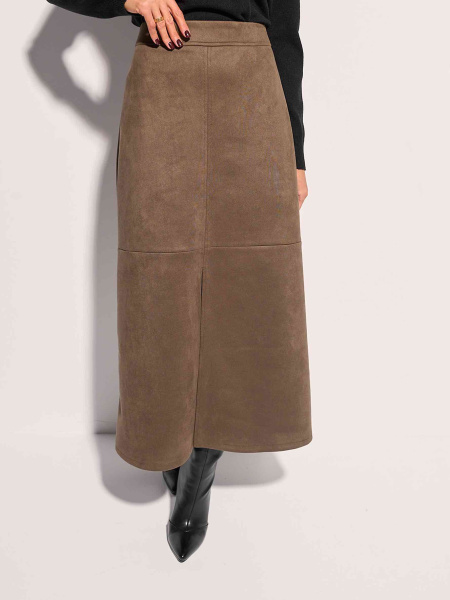 Юбка-трапеция из экозамши с разрезом, оливковая