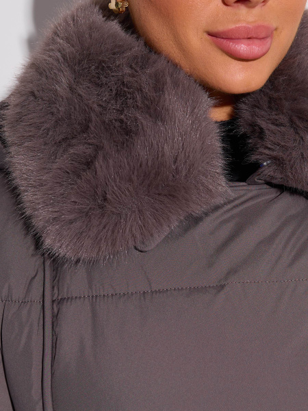 Зимнее пальто с капюшоном и меховым воротником, графит