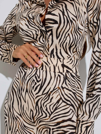 Платье-рубашка миди с поясом, бежево-черное