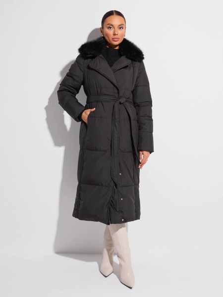 Зимнее пальто с капюшоном и меховым воротником, черное