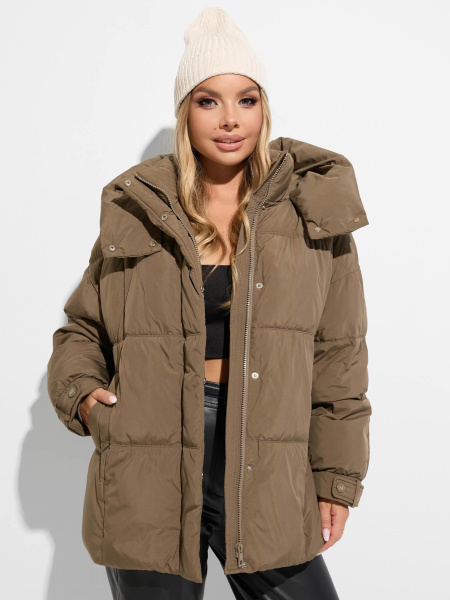 Зимний пуховик удлиненный с капюшоном, коричневый
