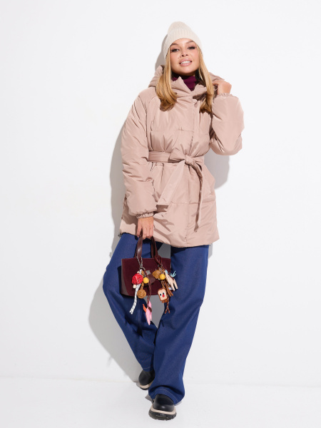 Полупальто женское зимнее с капюшоном, бежевое