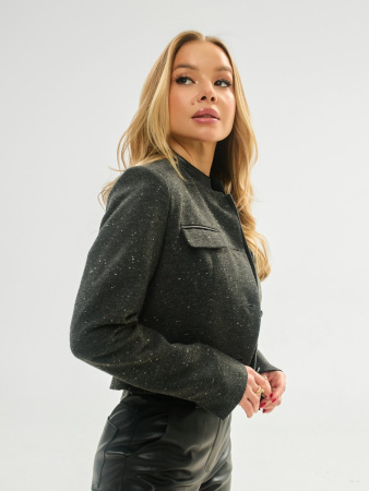 Жакет женский укороченный с отделкой из эко-кожи, темно-серый