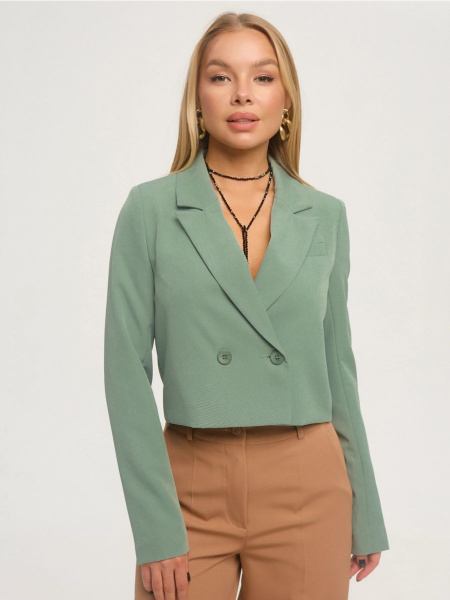 Жакет женский укороченный двубортный, серо-зеленый