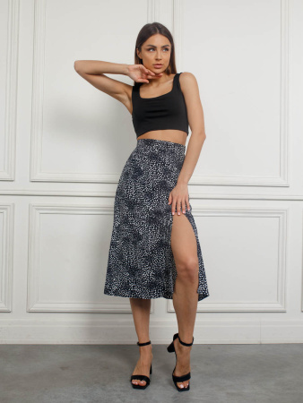 Юбка-миди с разрезом, черно-белые камушки