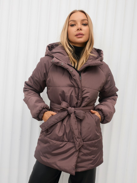 Полупальто женское зимнее с капюшоном, кофейное