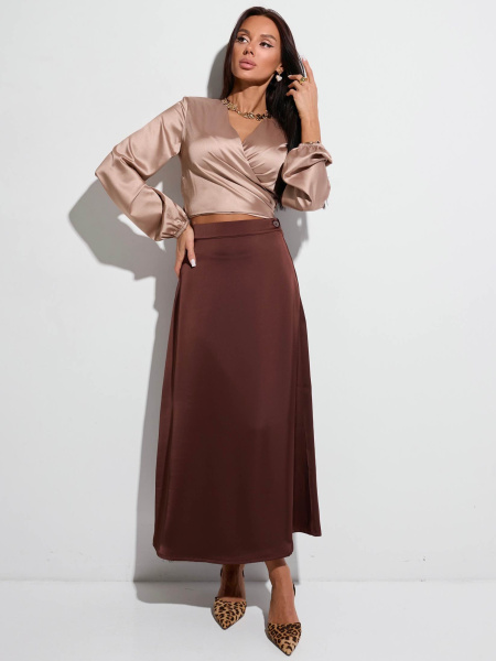 Юбка-миди атласная, горький шоколад