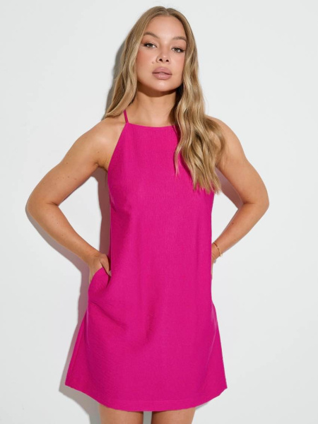 Платье мини летнее на бретельках, фуксия