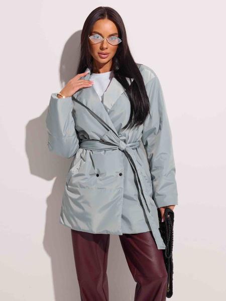 Куртка демисезонная с поясом, серо-зеленая