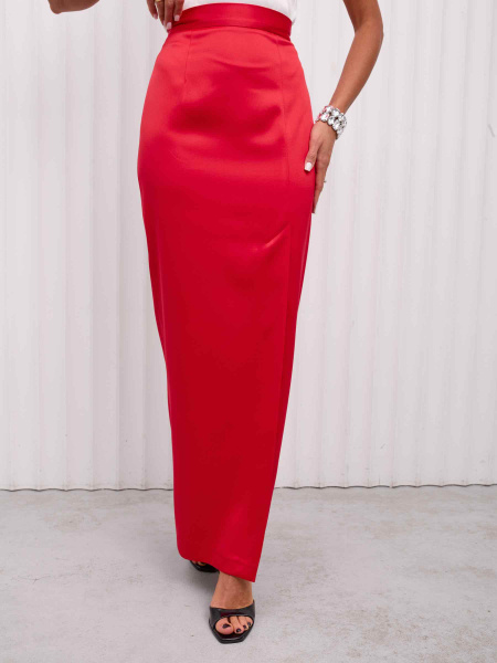 Юбка-макси атласная с разрезом, красная
