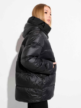 Женский пуховик с капюшоном, черное золото