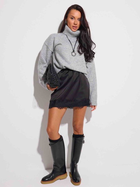 Юбка-мини атласная с кружевом, черный/черный