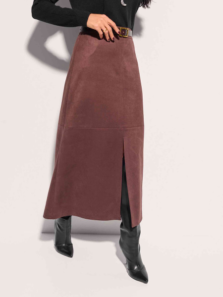 Юбка-трапеция из экозамши с разрезом, горький шоколад 