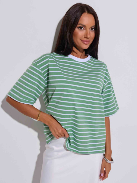 Футболка оверсайз в полоску, зелено-белая