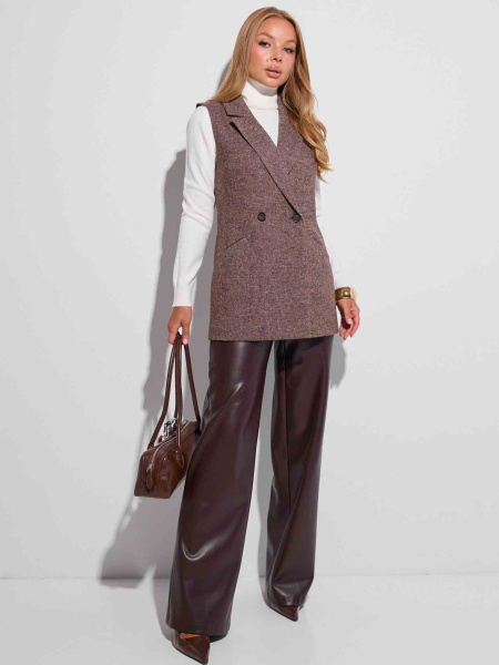 Жилет женский удлиненный двубортный из твида, коричневый 