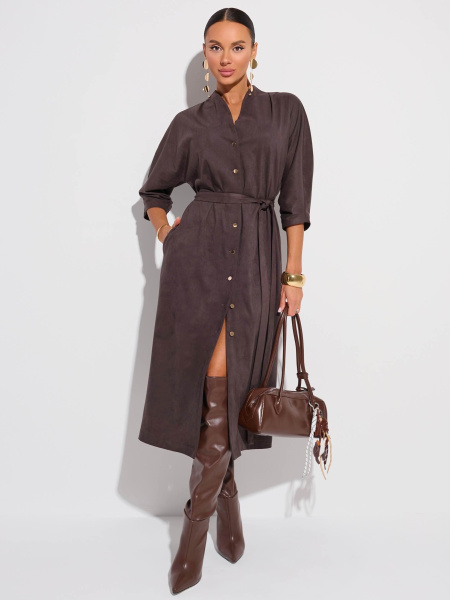 Платье-миди с поясом, темно-серое