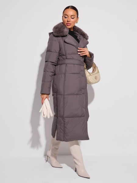 Зимнее пальто с капюшоном и меховым воротником, графит