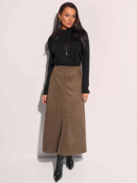Юбка-трапеция из экозамши с разрезом, оливковая