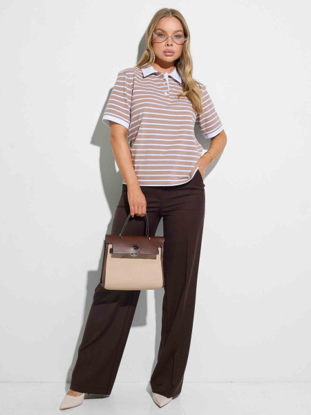 Футболка поло в полоску, бежево-белая