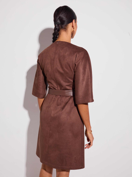 Платье комбинированное из экокожи и экозамши с поясом, горький шоколад 