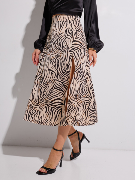 Юбка-миди с разрезом сбоку, бежево-черная зебра