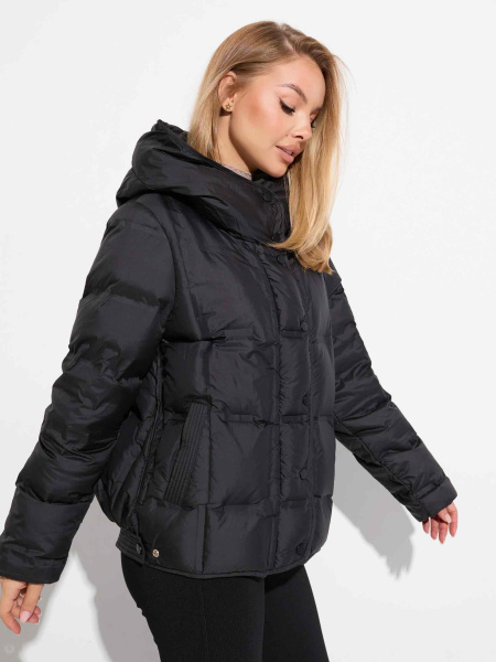 Женский пуховик с капюшоном и геометрической стежкой, черный