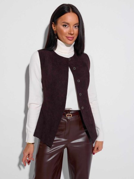 Жилет приталенный с баской из вельвета, горький шоколад 