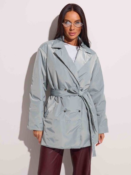 Куртка демисезонная с поясом, серо-зеленая