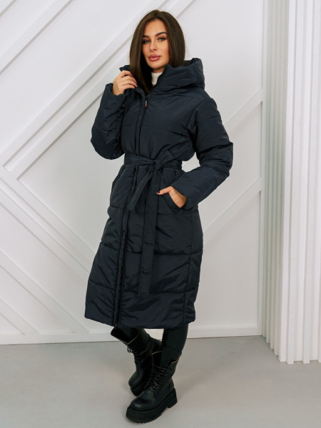 Пальто женское зимнее с капюшоном, темно-синее