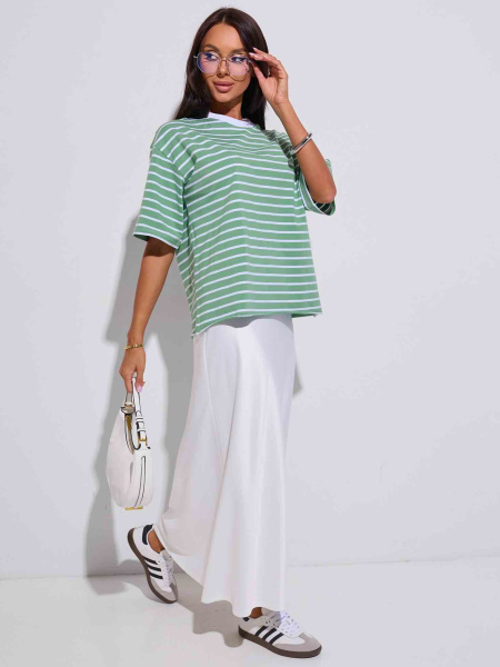 Футболка оверсайз в полоску, зелено-белая