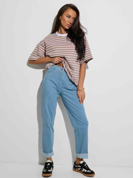 Футболка оверсайз в полоску, бежево-белая