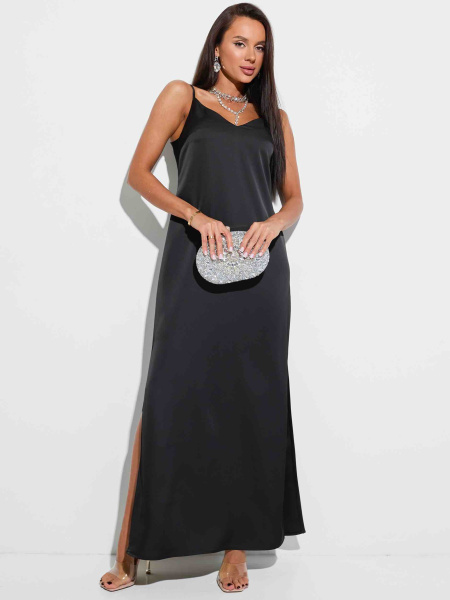 Платье атласное макси на регулируемых бретельках, черное