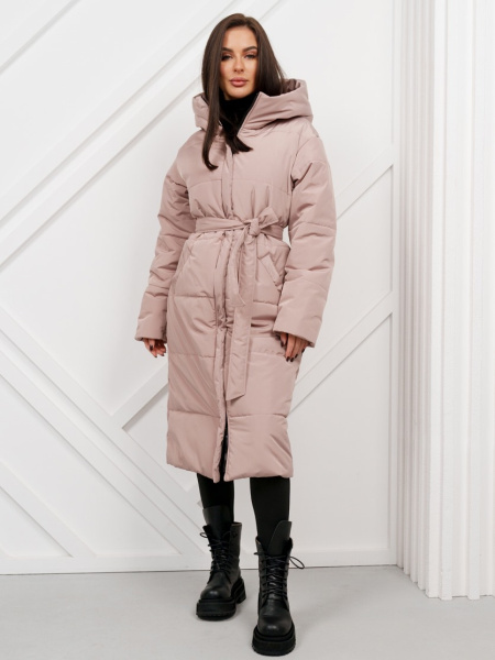 Пальто женское зимнее с капюшоном, бежево-розовое