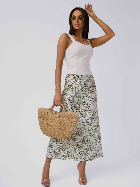 Юбка-макси атласная классическая, бежево-фисташковая