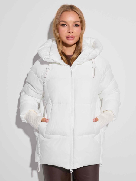 Зимний пуховик с капюшоном и высоким воротником, жемчужно-белый 