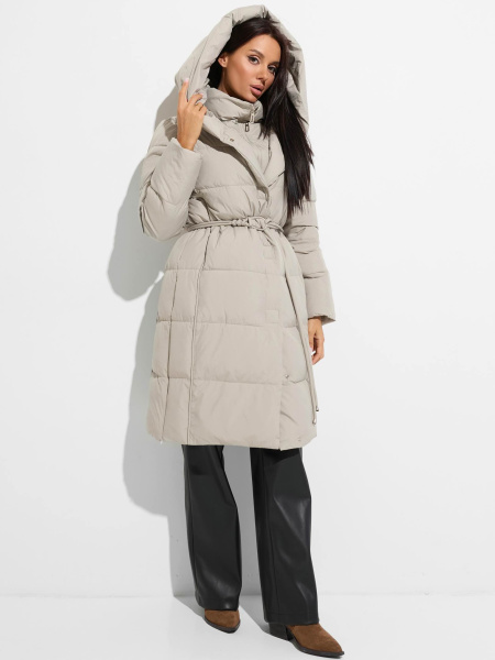 Зимнее пальто с капюшоном и съемным поясом, белое