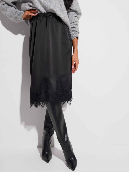Юбка атласная с кружевом, черный/черный