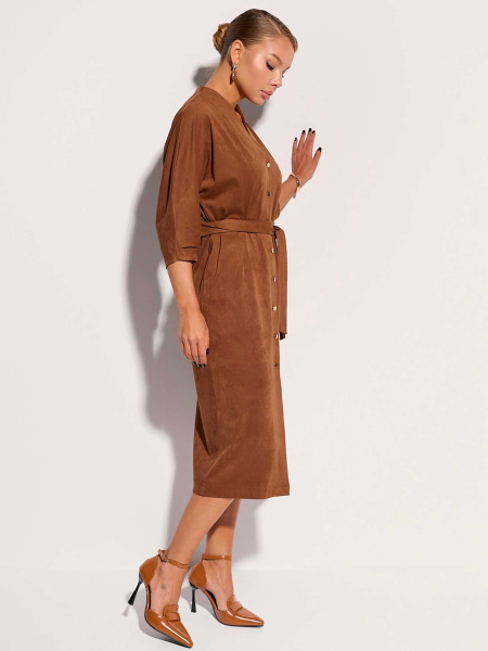Платье-миди с поясом, темно-коричневое
