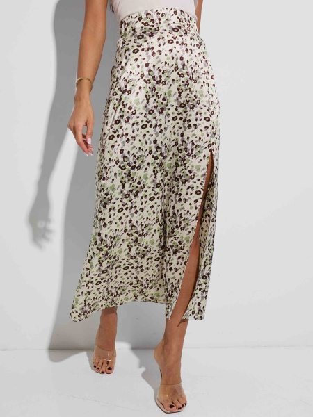 Юбка-макси атласная с разрезом, бежево-фисташковая