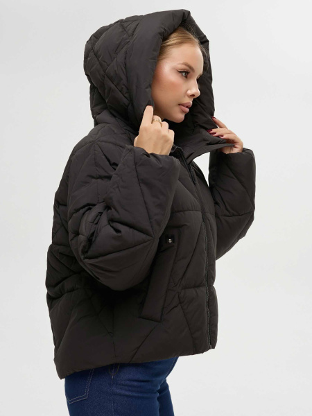 Зимний пуховик укороченный с капюшоном, черный