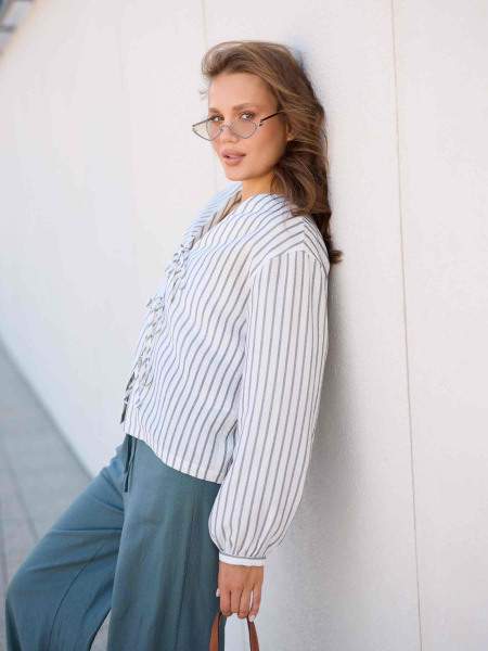 Рубашка летняя на завязка, бело-серо-зеленая