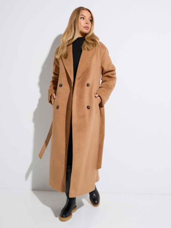 Двубортное женское пальто с поясом, кэмел